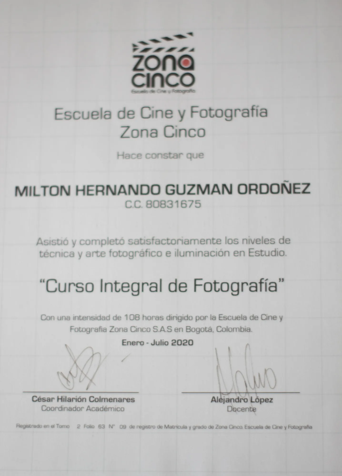 Certificado del Curso Integral de Fotografía, Zona Cinco